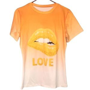 Gold Lips "LOVE" Ombre Tee Shirt Unknown Brand Size M Orange Gold White